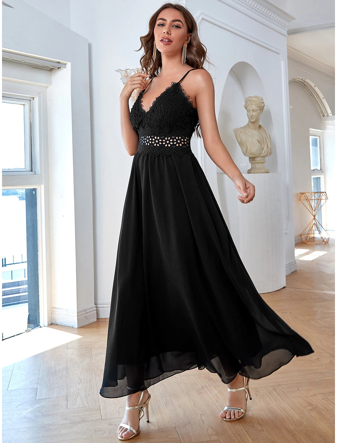 Black Chiffon A-Line V-Neck Floor-Length Evening Dress with Lace Bodice