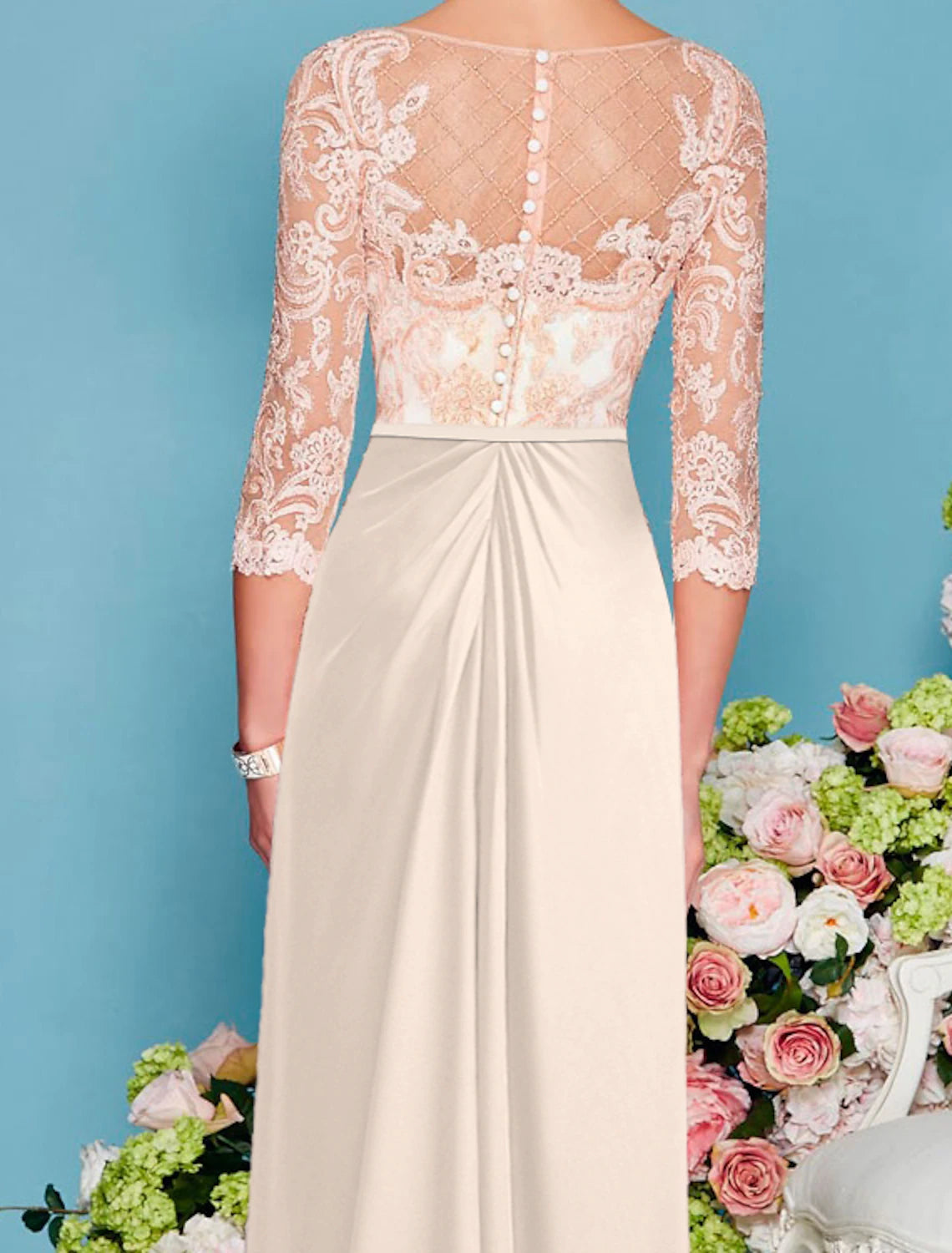 Vestido de madre de la novia con corte tubo/columna, elegante y lujoso, escote redondo, largo hasta el suelo, de gasa, con encaje, mangas 3/4 y apliques de cuentas.