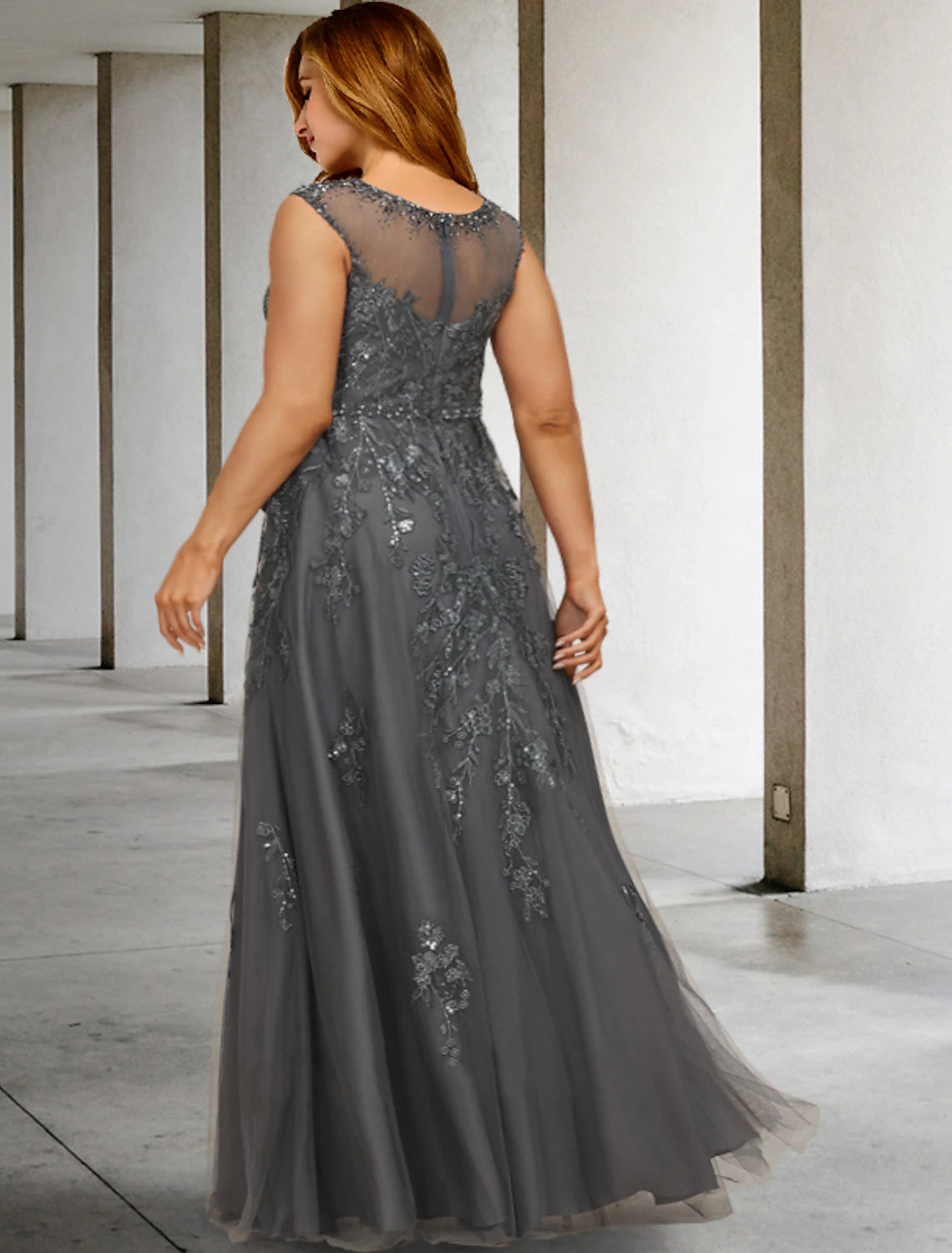 Grey Tulle A-Line Floor-Length Evening Dress with Illusion Neckline and Beaded Lace Appliques