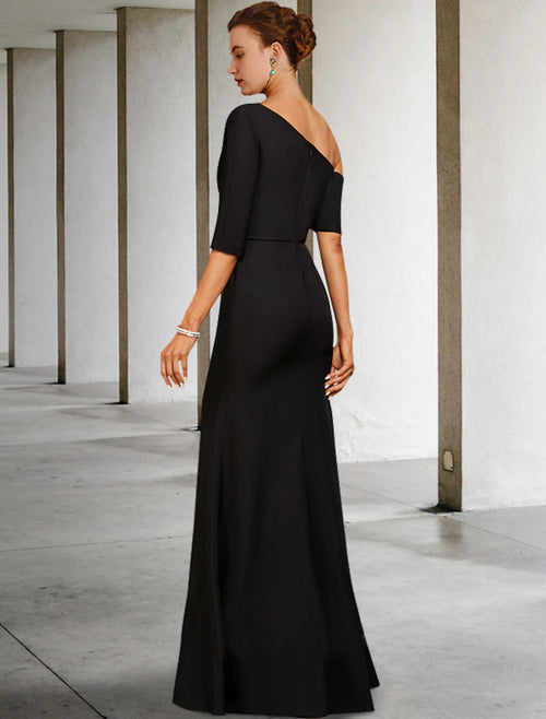 Vestido de madre de la novia de corte A para invitada de boda de otoño, estilo vintage, elegante, de un solo hombro, largo hasta el suelo, charmeuse, mangas 3/4 con volantes y drapeado lateral.