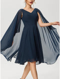 Dark Navy Chiffon A-Line Knee-Length Dress with V-Neck, Draped Bodice & Sheer Cape Sleeves