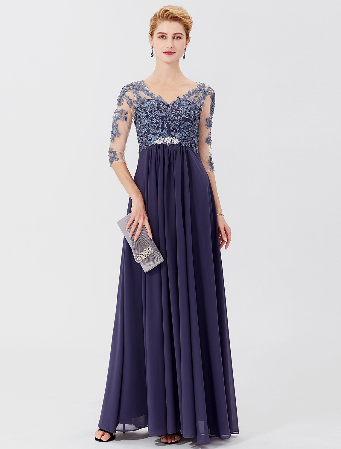 Vestido de fiesta de corte A para madre de la novia, formal, talla grande, elegante, escote en V, largo hasta el suelo, gasa, encaje transparente, manga 3/4 con apliques de cristales