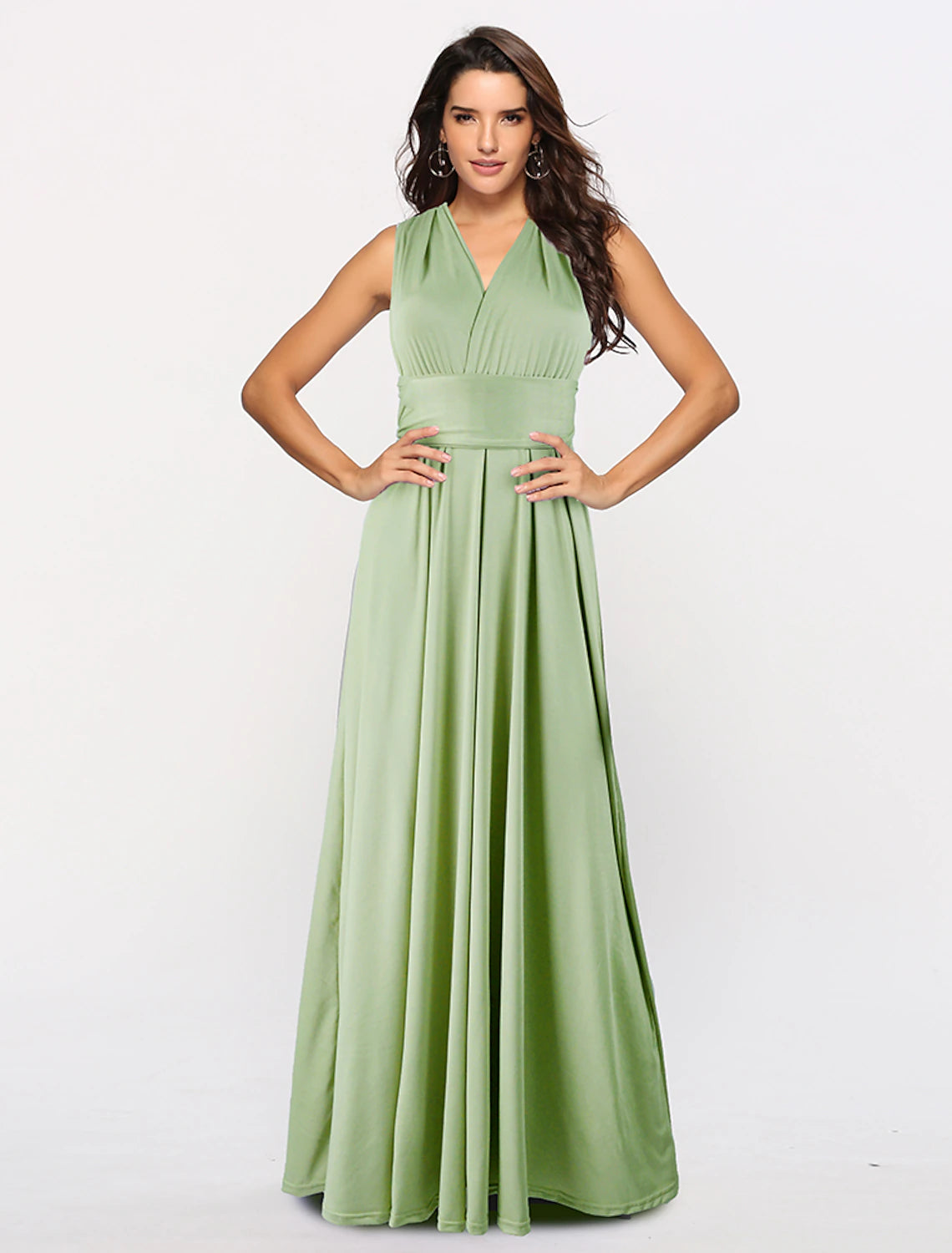 Sage Green Chiffon A-Line Floor-Length Bridesmaid Dress with V-Neck & Ruched Bodice