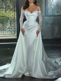 Ivory Satin Off-the-Shoulder A-Line Floor-Length Evening Dress