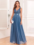 Abito da sera a trapezio, stile impero, da sera, da ballo, lungo, senza maniche, scollo a V, cintura/fascia, tulle, schiena a V con ricami glitterati