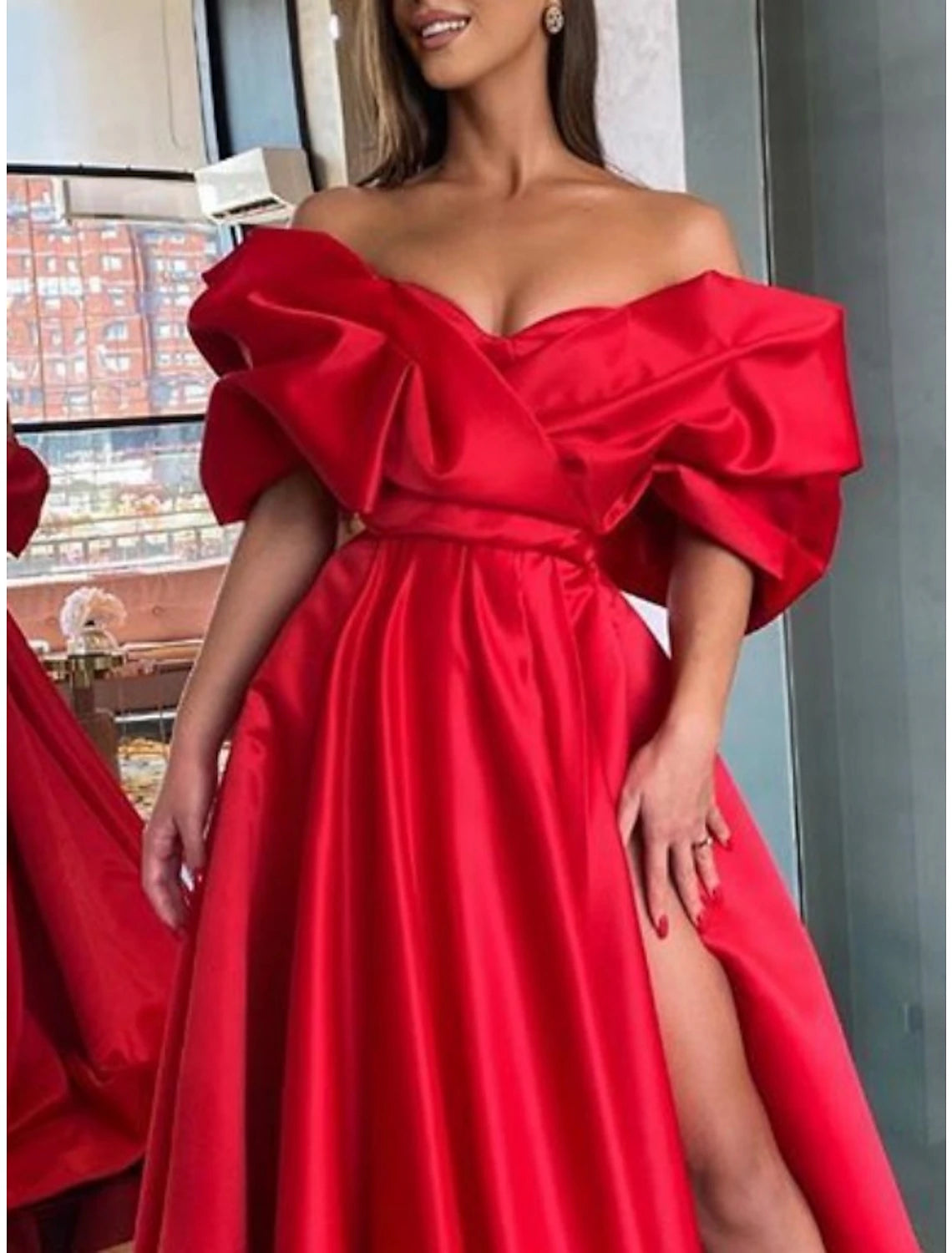 Vestido de noche de corte tubo, vestido de fiesta, vestido rojo y verde, vestido de gala de etiqueta, cola larga/cortada, media manga, hombros descubiertos, satén con abertura fruncida