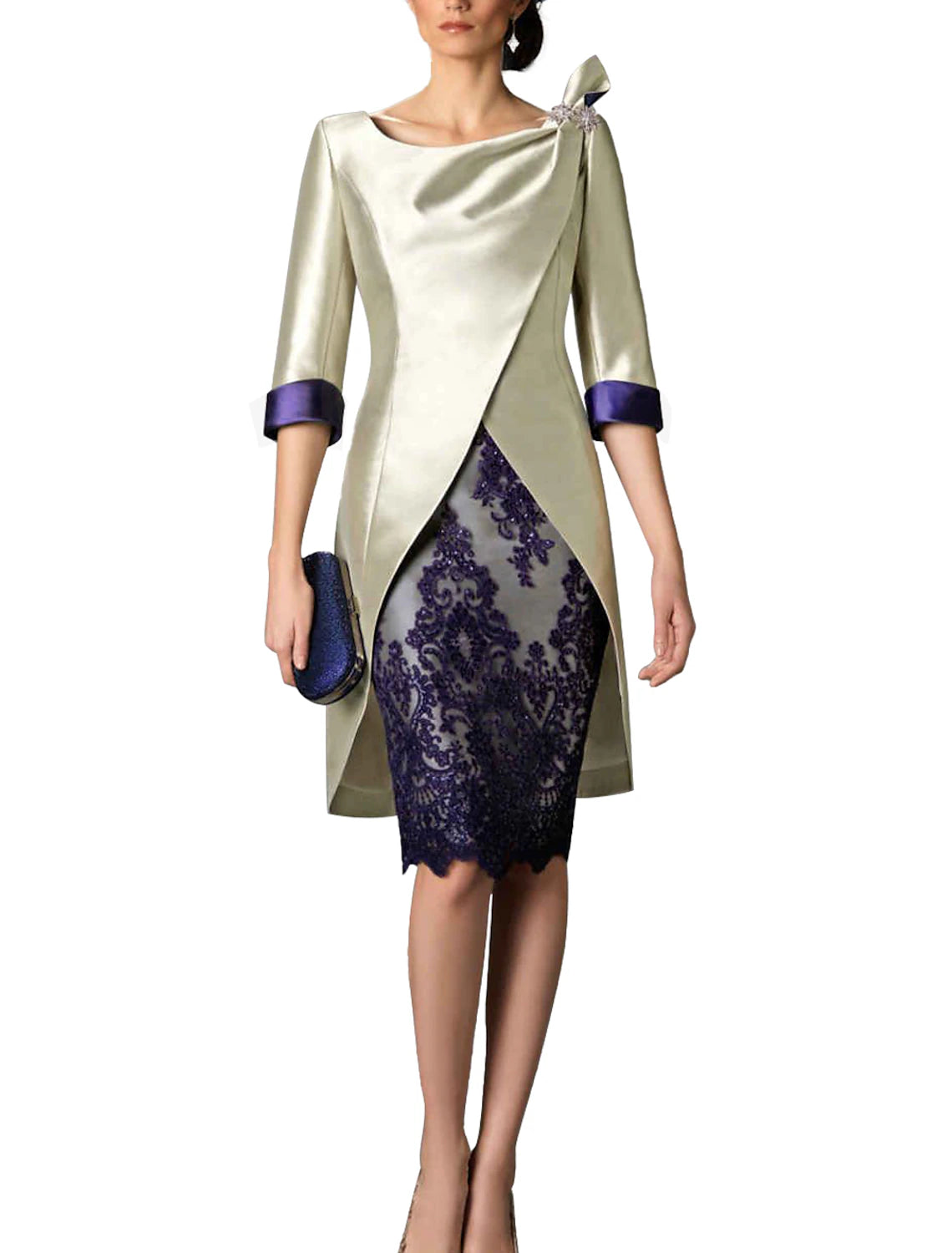 Vestido de dos piezas para madre de la novia, estilo tubo/columna, para invitada de boda, estilo vintage, talla grande, escote en V, largo hasta la rodilla, encaje satinado, manga 3/4, con chaqueta y bloques de color