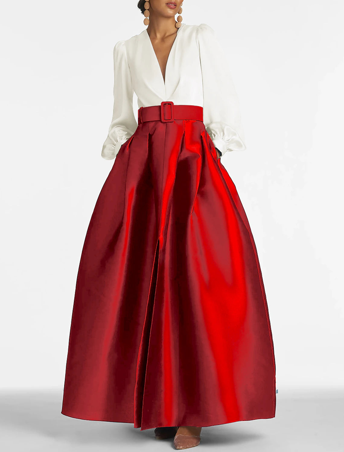 Abito da sera a trapezio con spacco alto, abito da cerimonia per invitati a nozze, lunghezza al pavimento, manica lunga, scollo a V, cintura/fascia in raso con spacco a pieghe