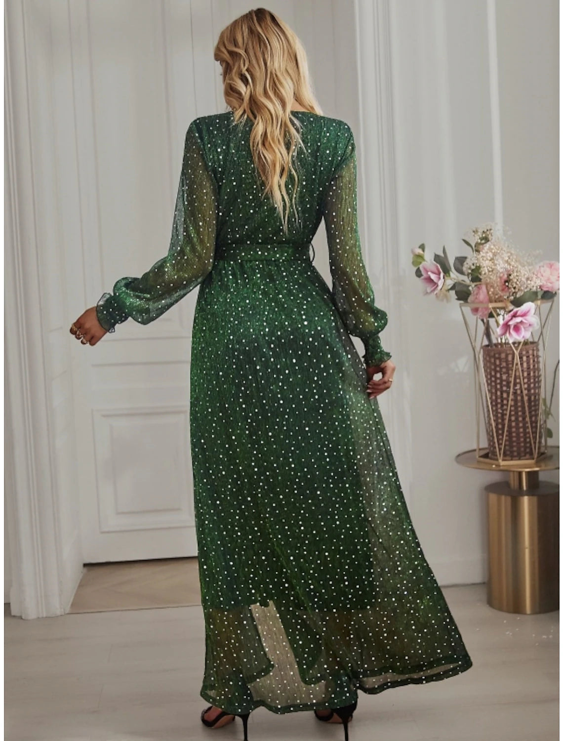 Forest Green A-Line Floor-Length Evening Dress with Wrap Design, High Slit & Glitter Dots
