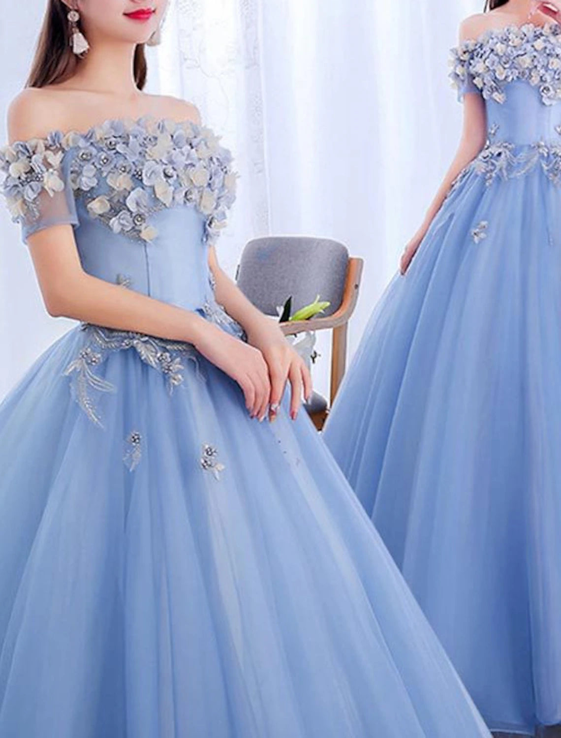 Ball Gown Prom Dresses Floral Dress Quinceanera Prom Floor Length Short Sleeve Off Shoulder Polyester with Appliques Pure Color
