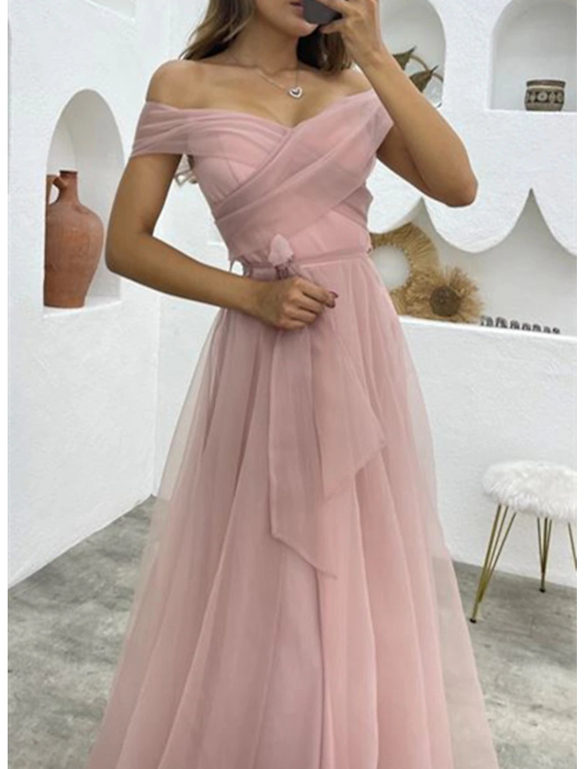 Vestido de noche de corte A, estilo años 50, formal, para recepción de boda, largo hasta el suelo, sin mangas, hombros descubiertos, de organza, con tiras
