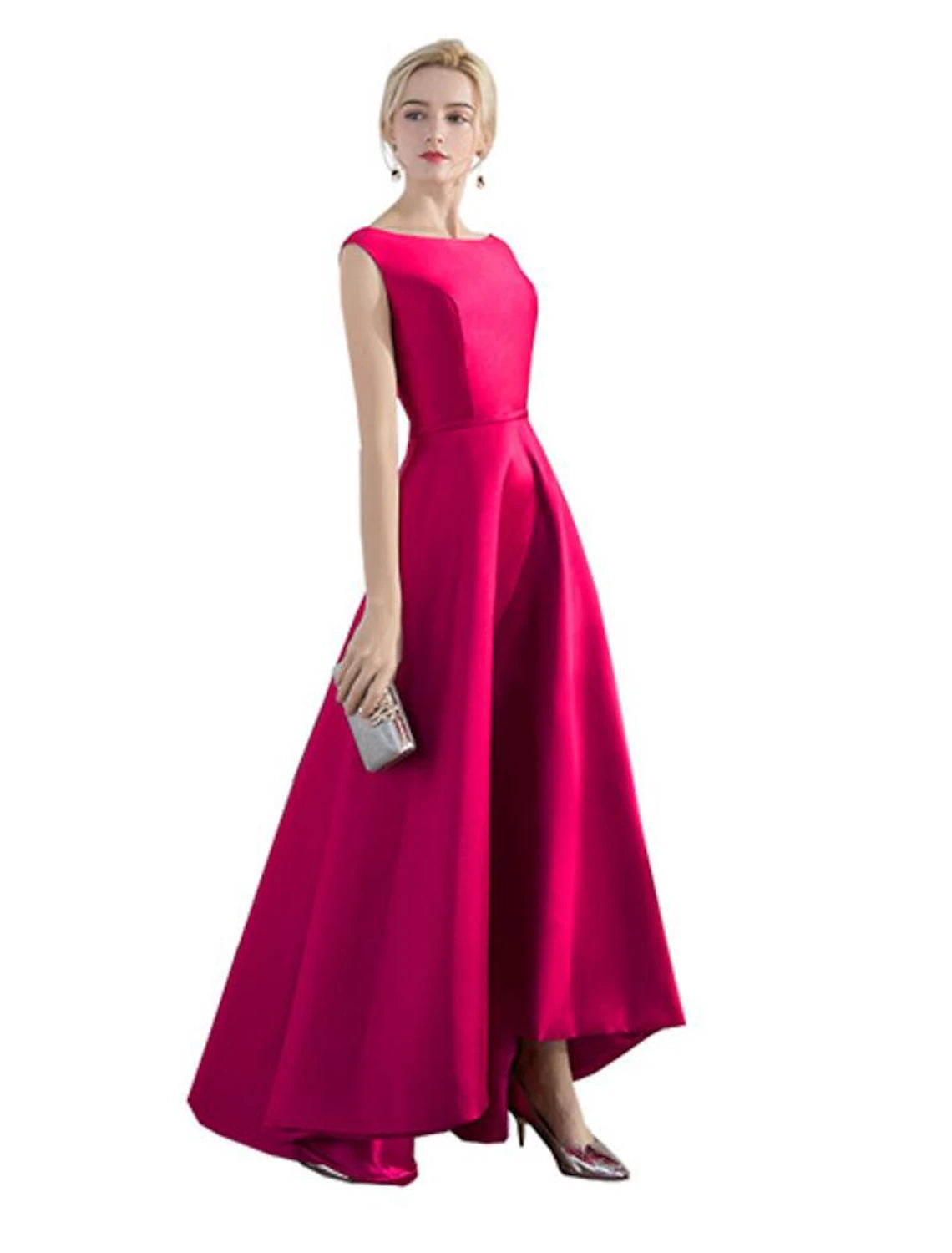 Abito da sera a trapezio, abito rosso verde, abito da ospite per matrimonio, asimmetrico, senza maniche, scollo gioiello, raso con elegante