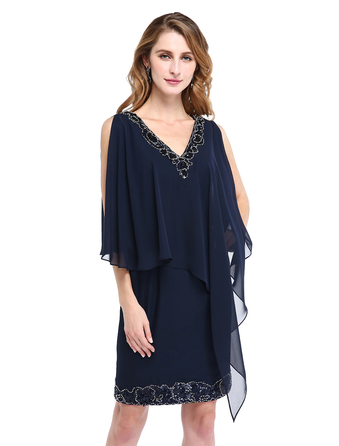 Abito da madre della sposa a tubino, con scollo a V, lunghezza al ginocchio, in chiffon, senza maniche, con perline e paillettes