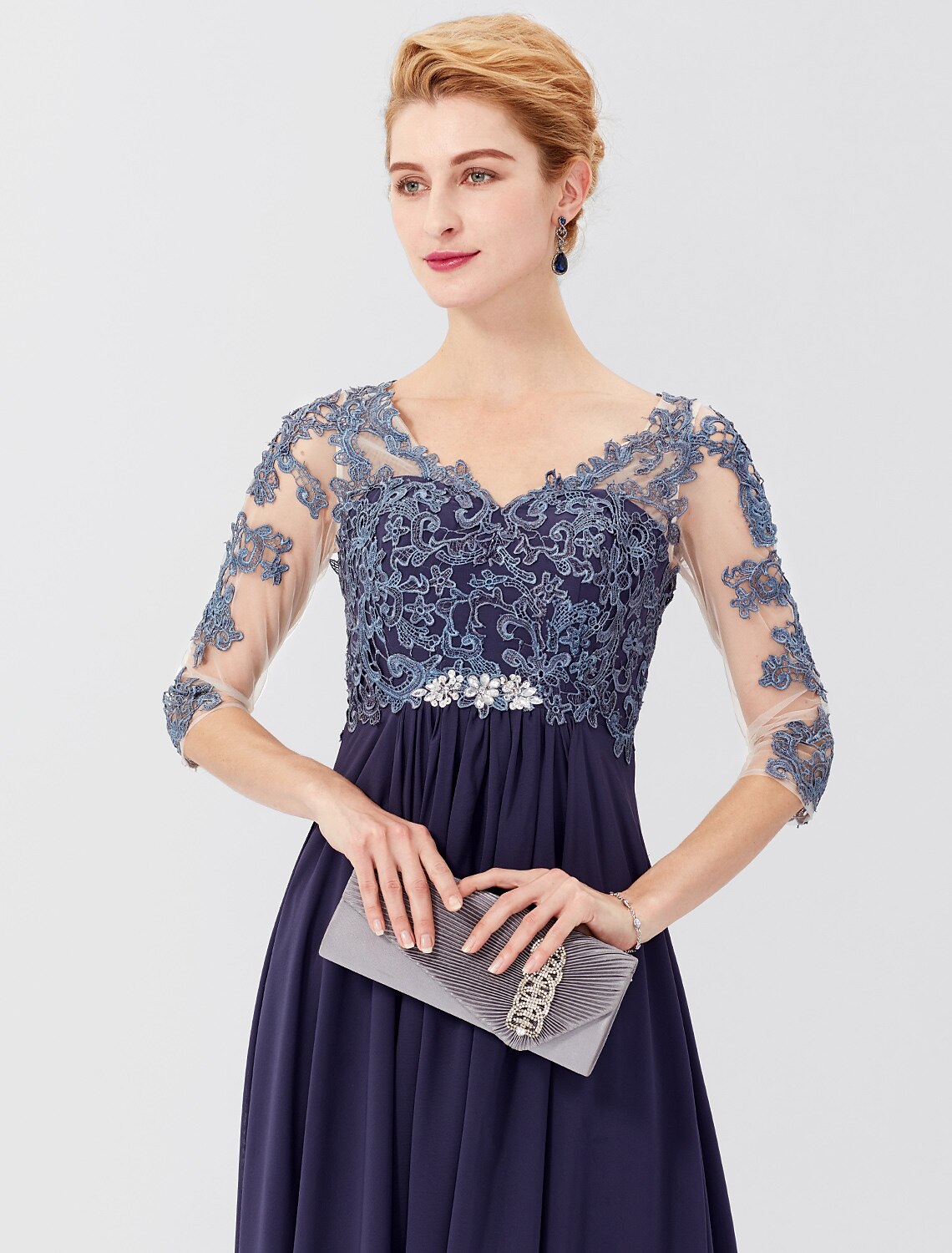 Vestido de fiesta de corte A para madre de la novia, formal, talla grande, elegante, escote en V, largo hasta el suelo, gasa, encaje transparente, manga 3/4 con apliques de cristales