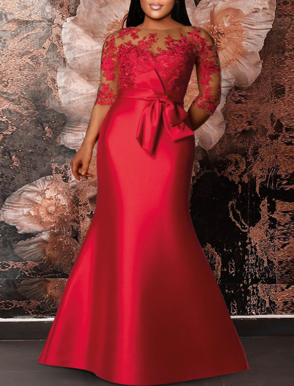 Red Satin Lace Mermaid Illusion Neck Floor-Length Evening Dress