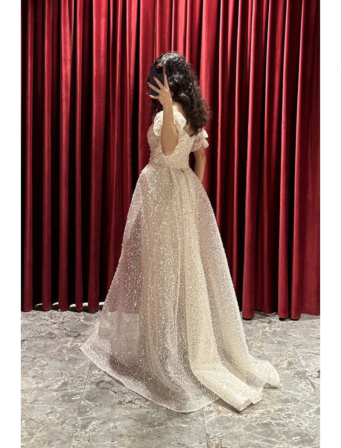 Champagne Sequin Off-the-Shoulder Floor-Length Evening Dress