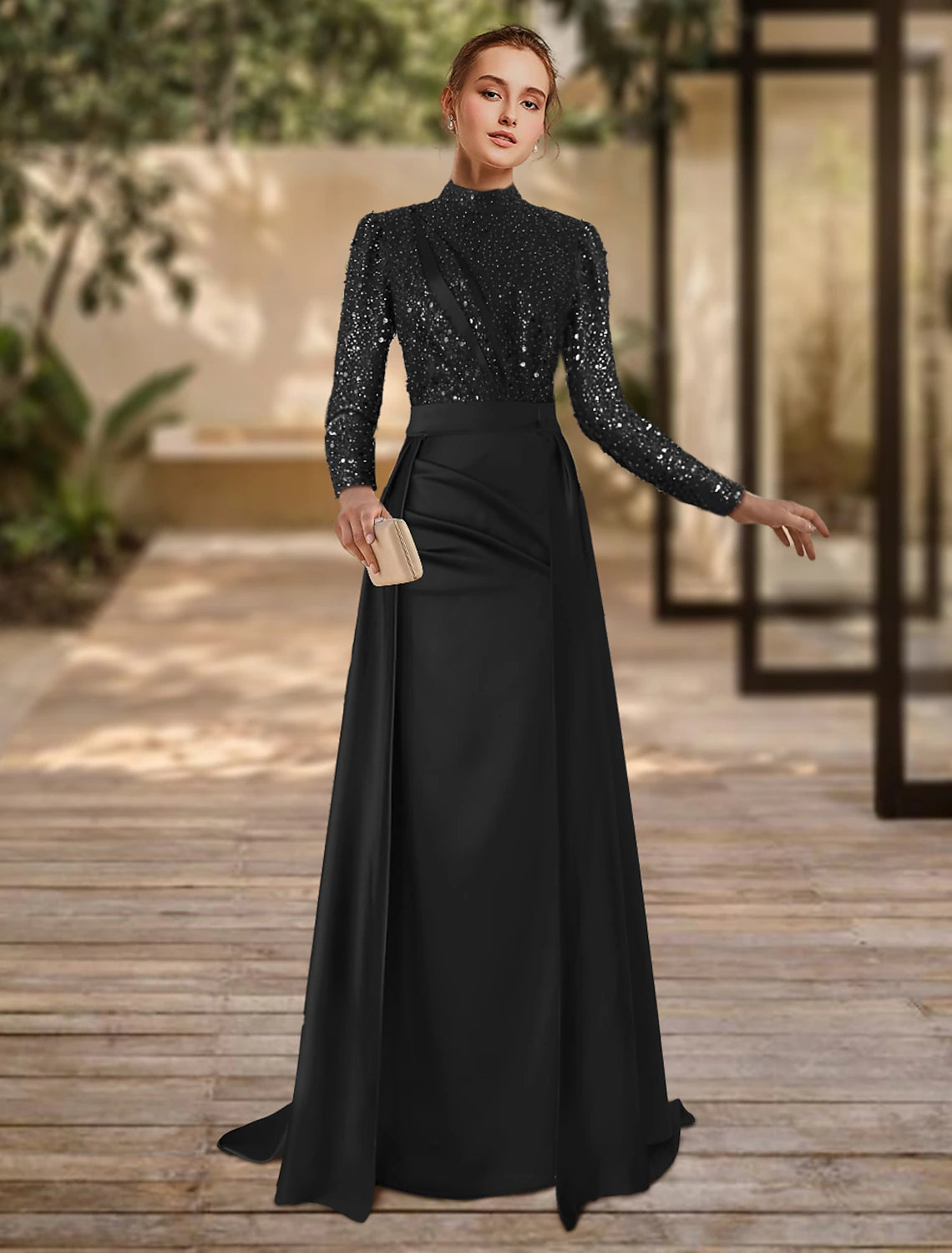 Vestido formal de noche con corte tubo, vestido navideño rojo y verde, vestido formal con cola larga, cuello joya, satén con pliegues y lentejuelas fruncidas.