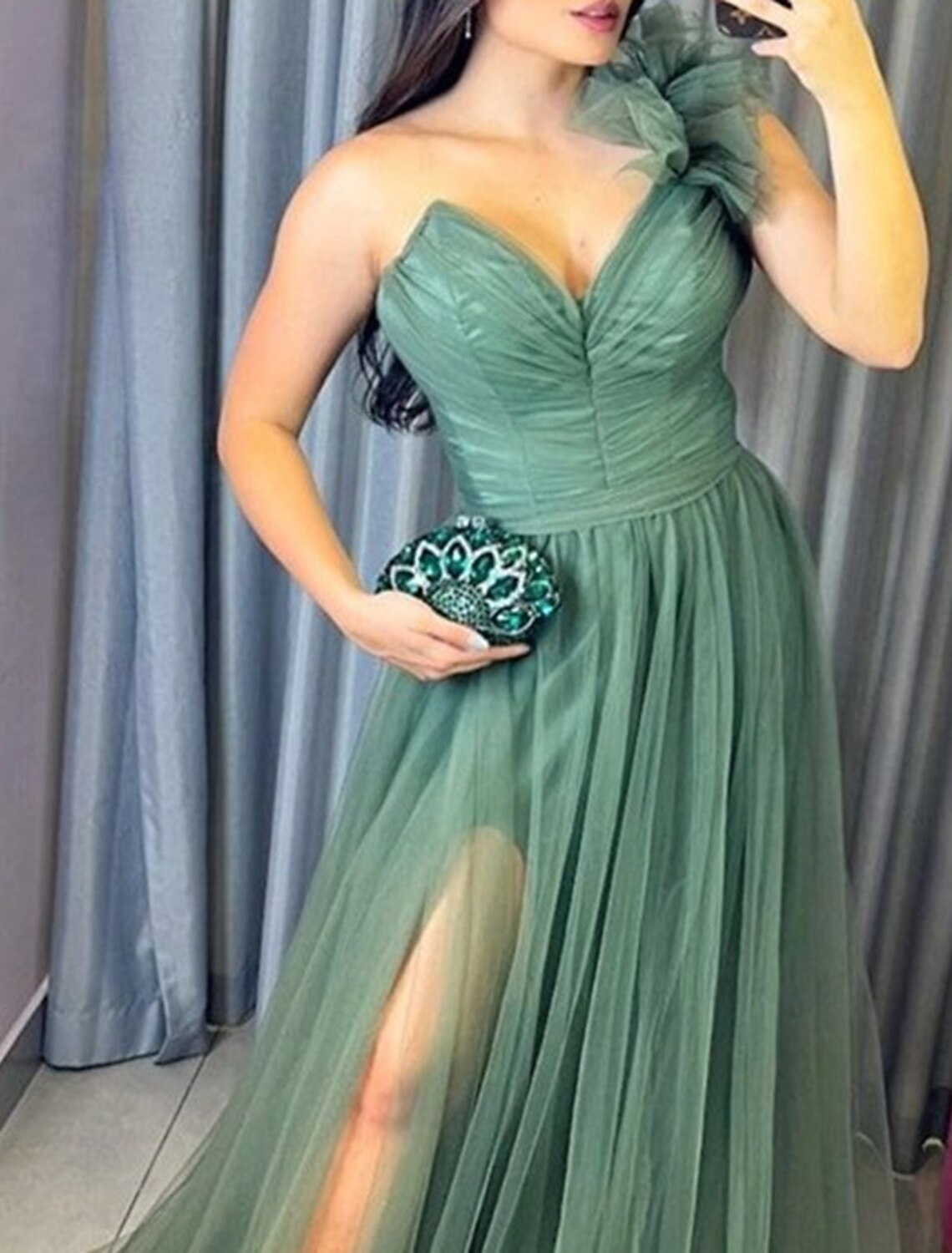 Vestido de noche de corte A, talla grande, para invitados de boda, formal, con cola, sin mangas, sin tirantes, de tul con lazo(s), abertura