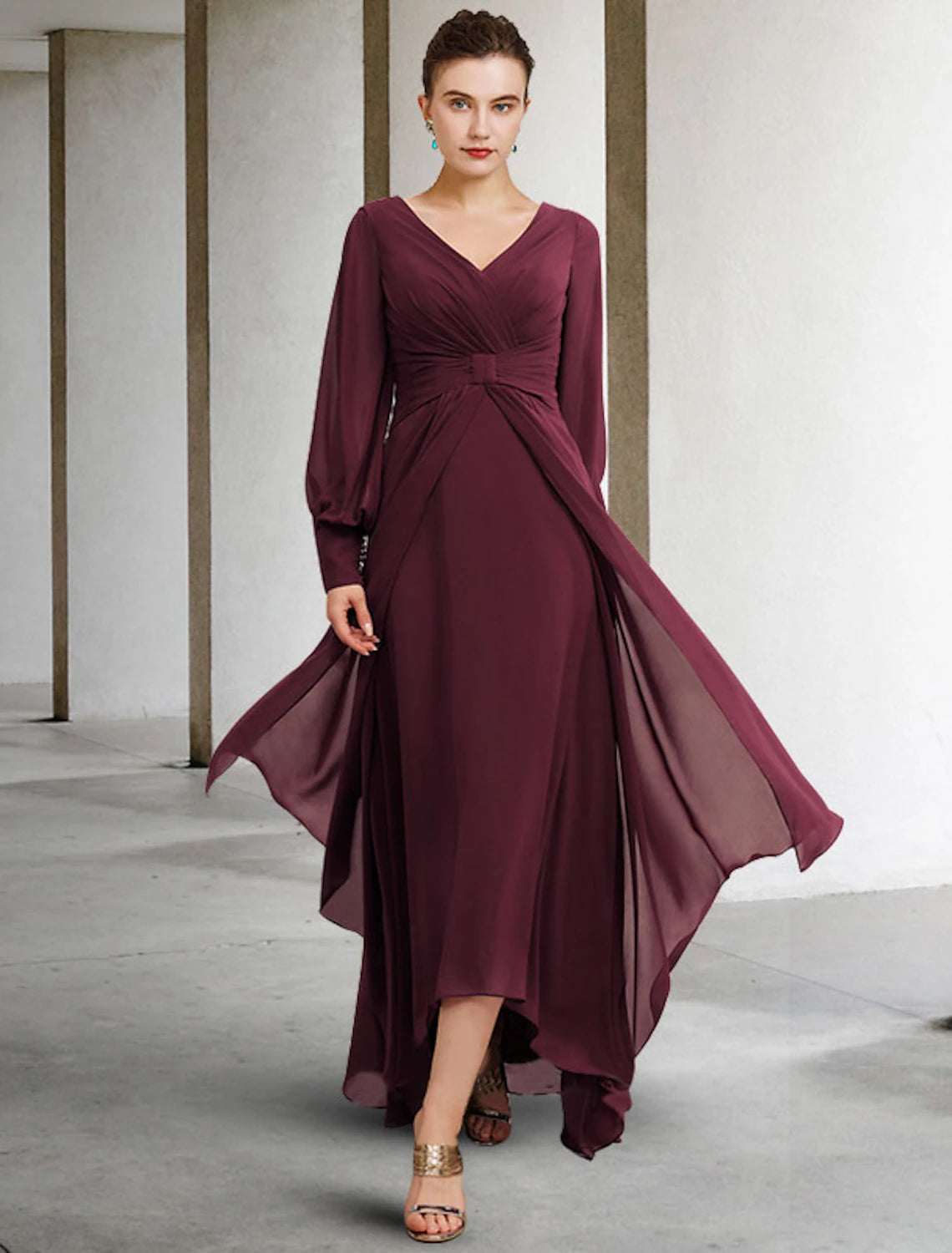 Burgundy Chiffon A-Line High-Low Bridesmaid Dress with Ruched V-Neck