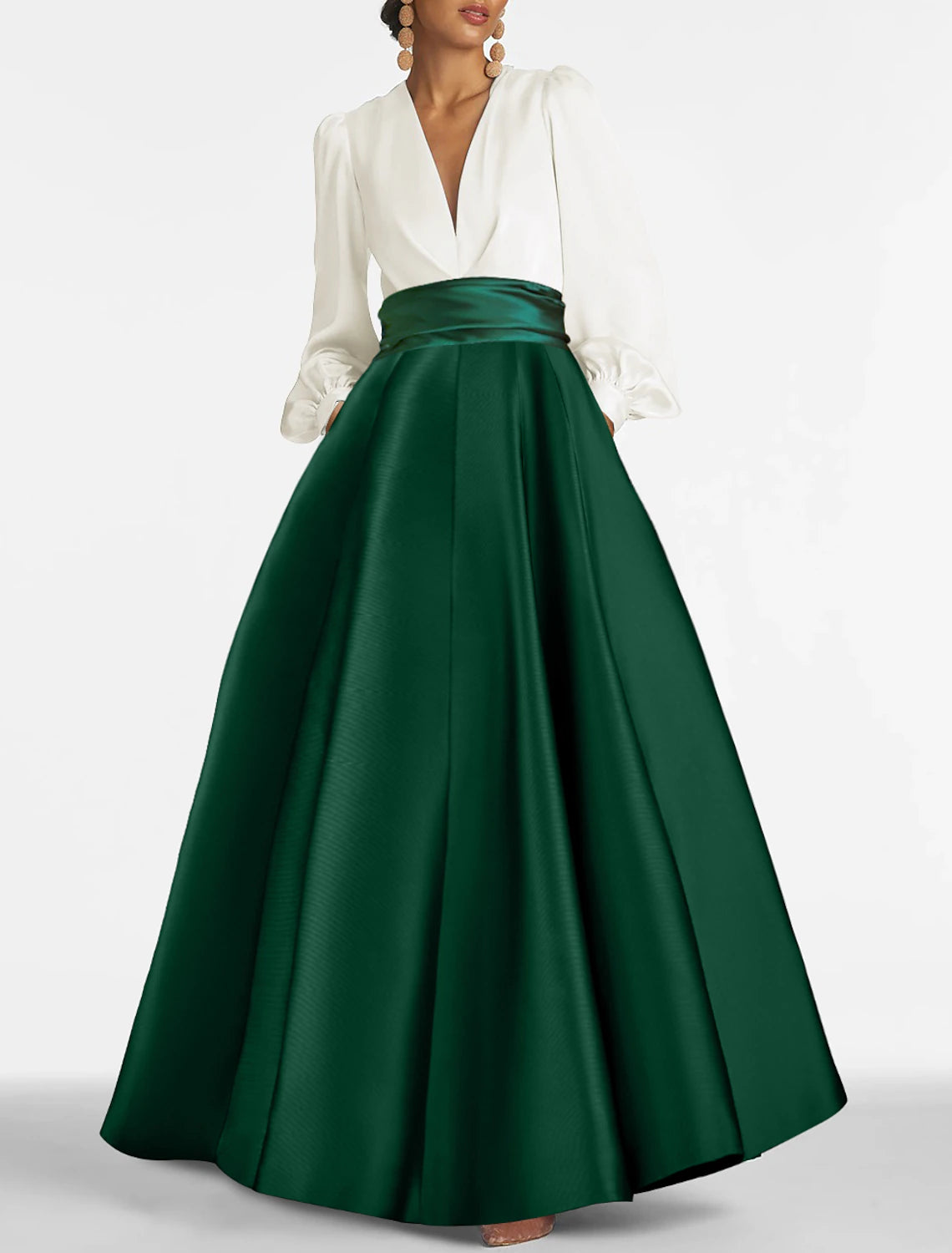 Vestido de noche de corte A, elegante vestido de invitada de boda, formal, de graduación, largo hasta el suelo, manga larga, cuello en V, satén con fruncido