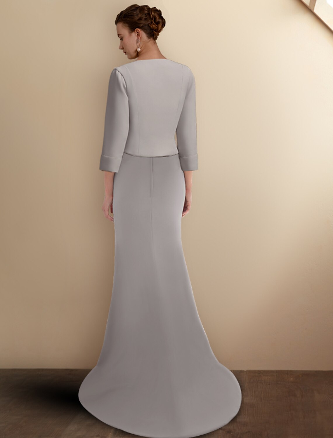 Vestido elegante de sirena/trompeta para madre de la novia, cuello joya, cola larga/cepillo, de gasa, sin mangas, chaqueta corta, con apliques