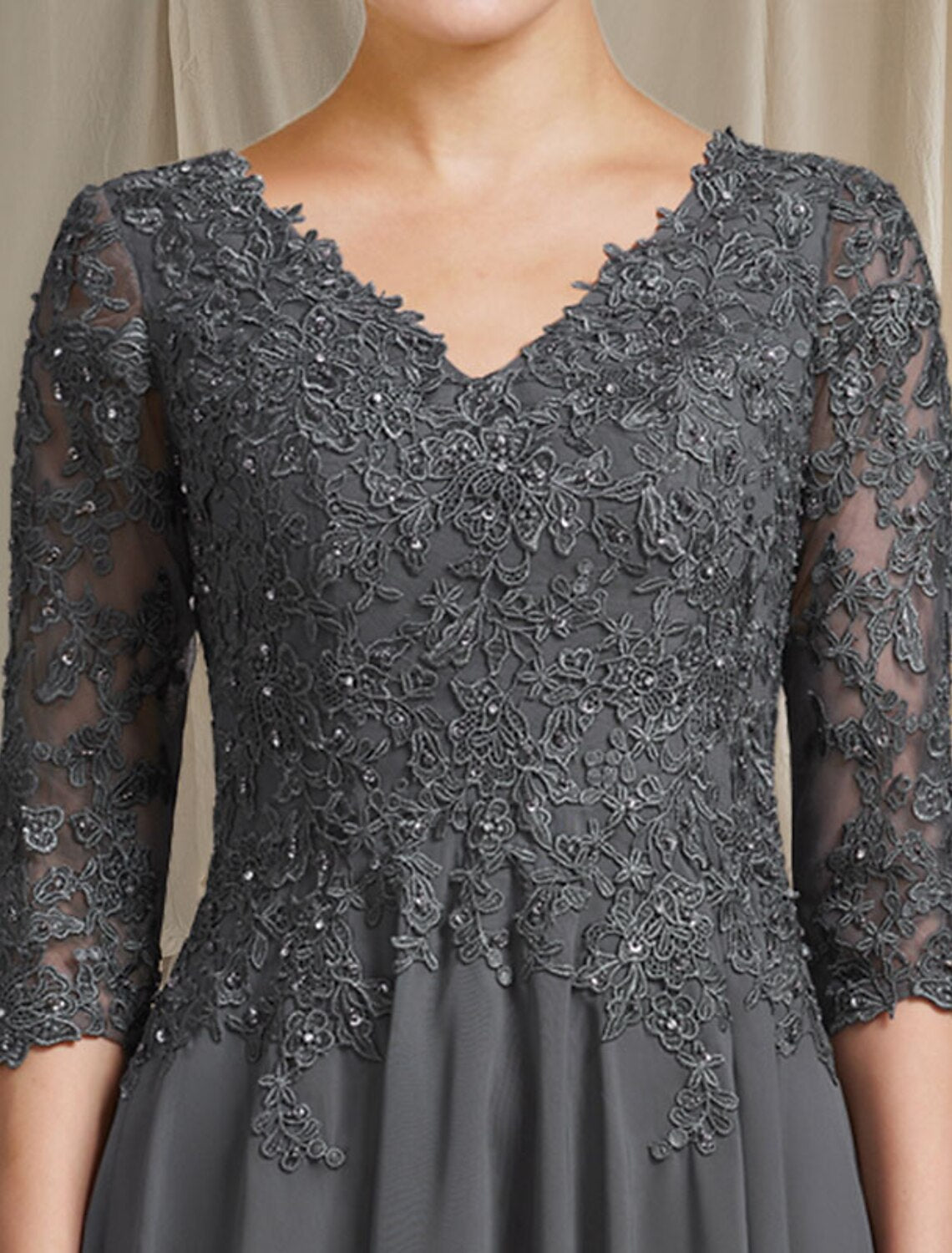 Abito da madre della sposa a trapezio, elegante, in chiffon, con scollo a V, lunghezza tè, manica a 3/4, pieghe e applicazioni di perline