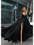 Black Chiffon A-Line Floor-Length with V-Neck & Plunging V-neck + High slit (for Evening-Party & Formal-Event)