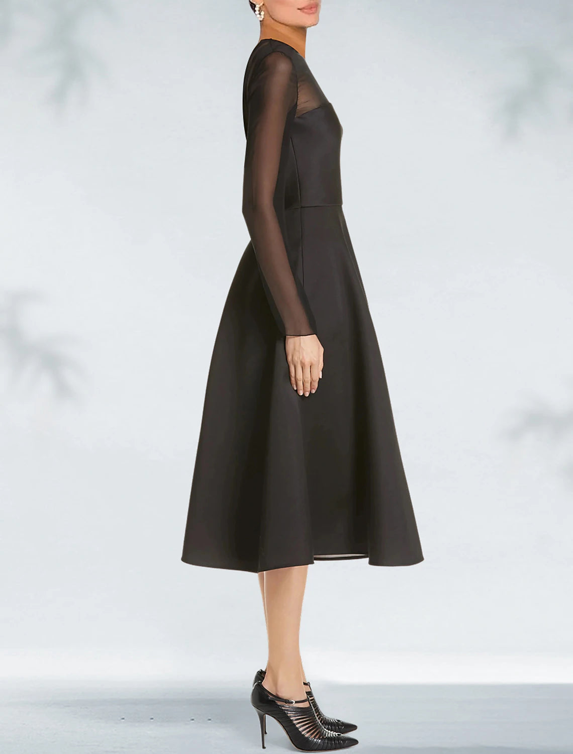 A-Line Cocktail Dresses Elegant Black Dress Plus Size Wedding Guest Party Wear Tea Length Long Sleeve Jewel Neck Gothic Satin with Pleats