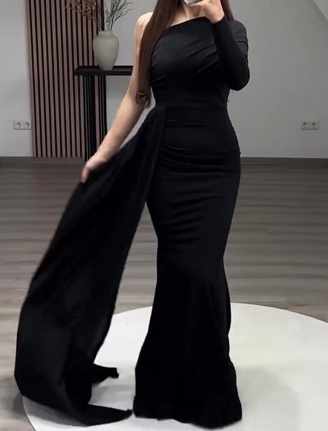 Mermaid Black Dress Evening Gown Vintage Dress Formal Masquerade Floor Length Long Sleeve One Shoulder Gothic  Chiffon with Ruched