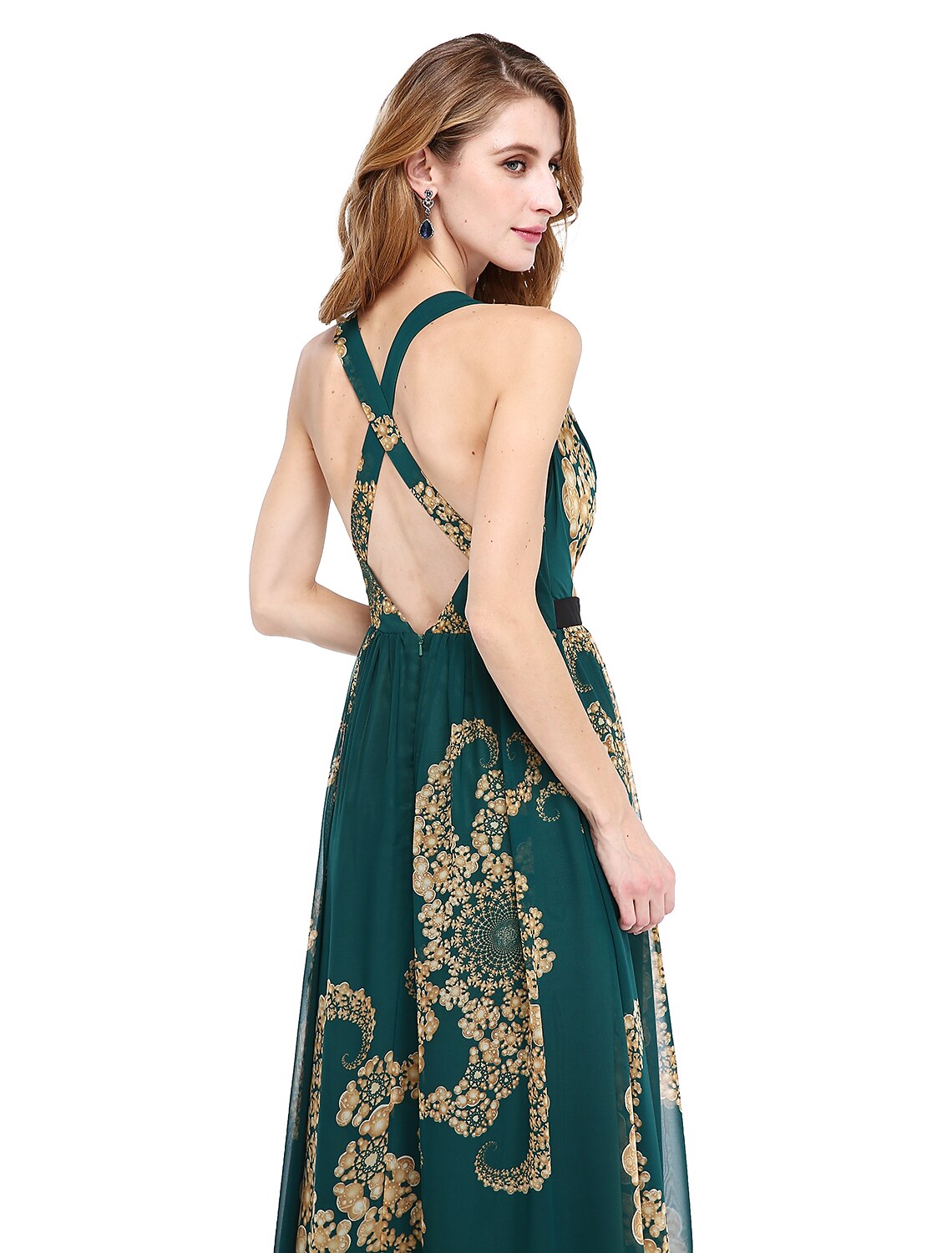 Abito da madre della sposa a trapezio con scollo a V, floreale, lungo fino al pavimento, in chiffon, senza maniche, con fascia/nastro