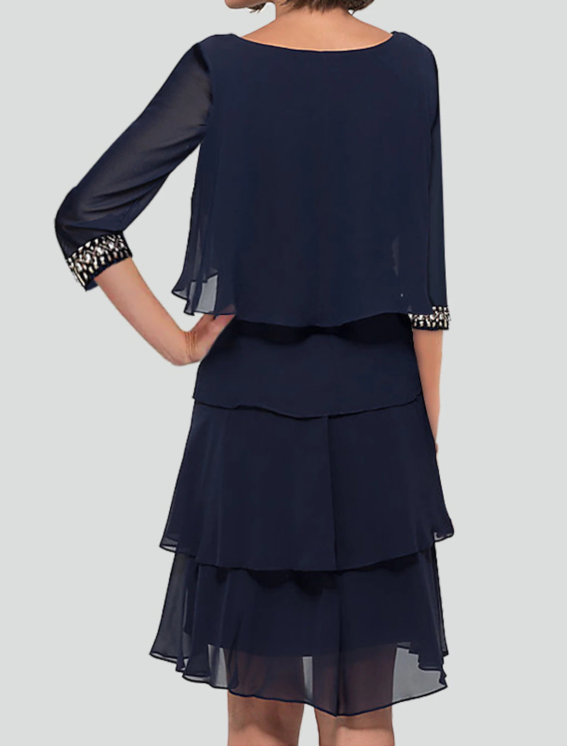 Dark Navy Chiffon A-Line Knee-Length with Scoop Neck and Back Zip