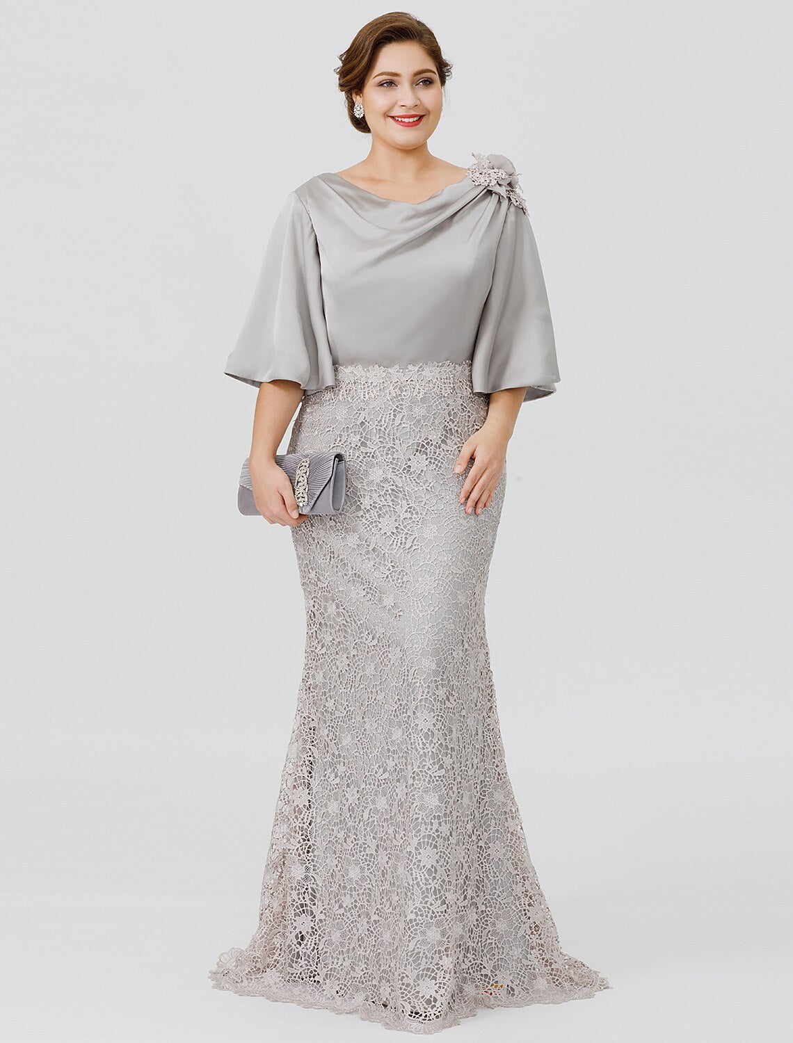 Silver Satin Mermaid Floor-Length Dress with Draped Cowl Neckline - Jimiss