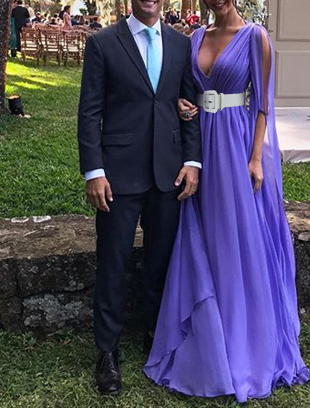 Lilac Chiffon A-Line Floor-Length Bridesmaid Dress with Draped Bodice and Cape Sleeves