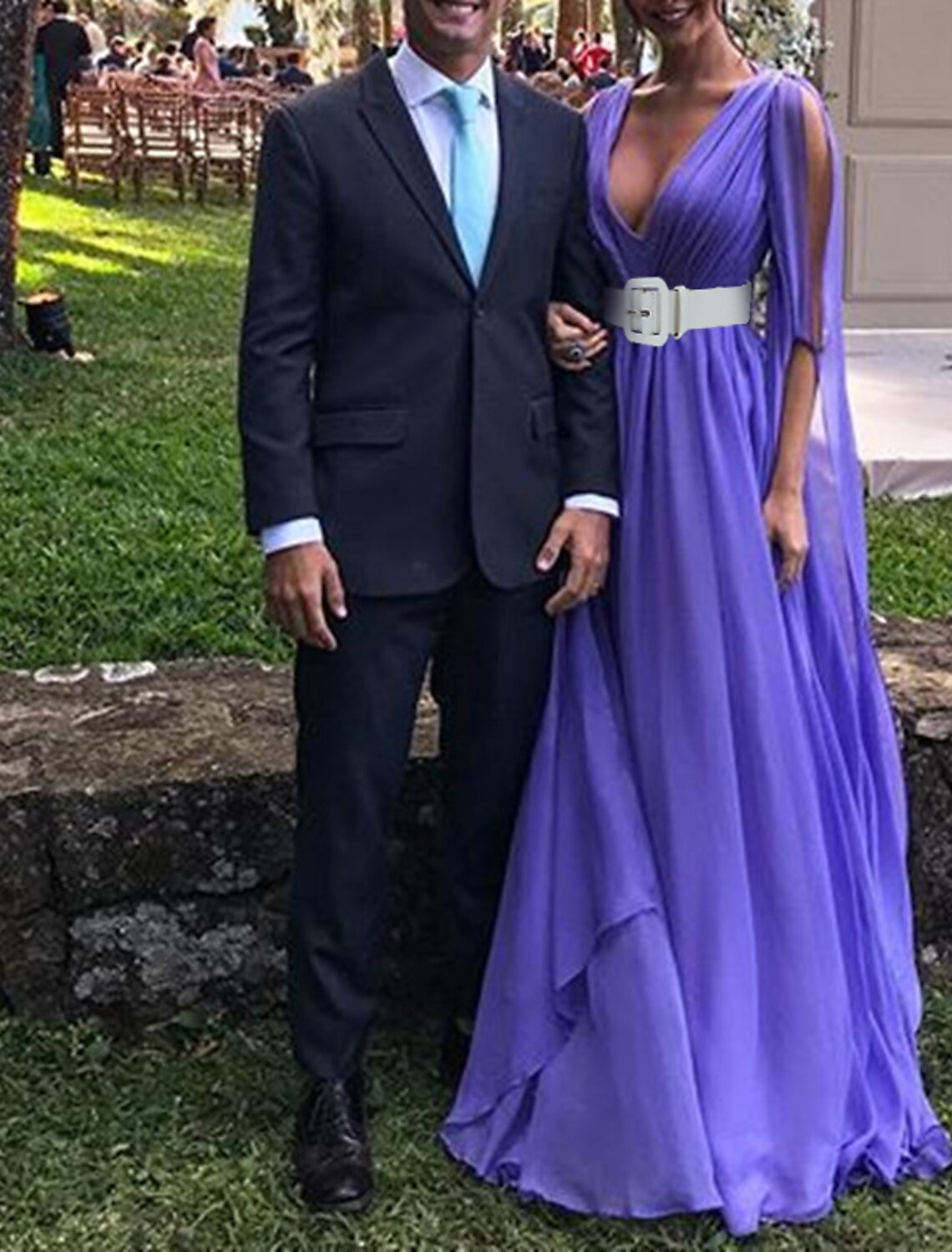 Lilac Chiffon A-Line Floor-Length Bridesmaid Dress with Draped Bodice and Cape Sleeves