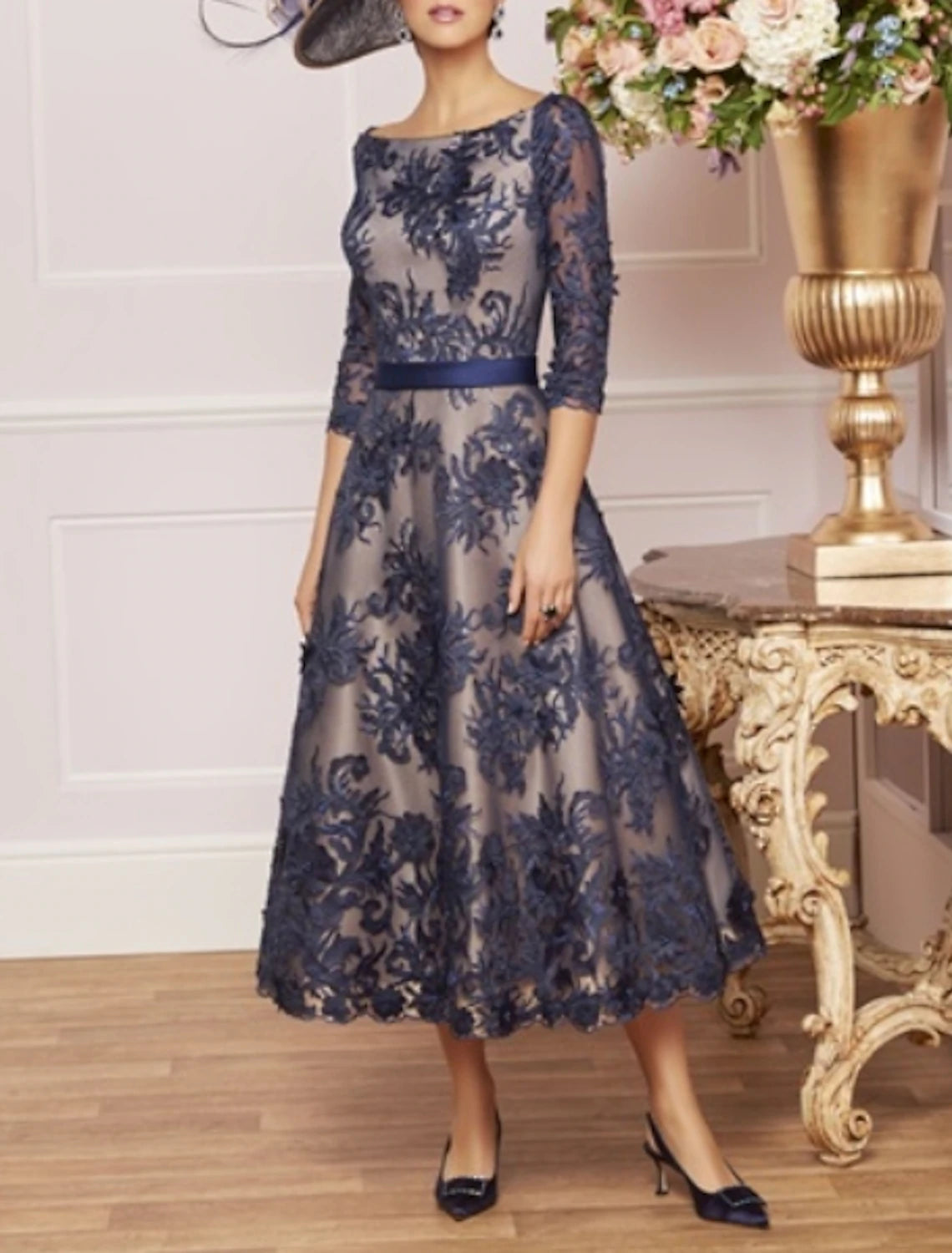 Blushing Pink Lace A-Line Tea-Length Dress with Floral Embroidery