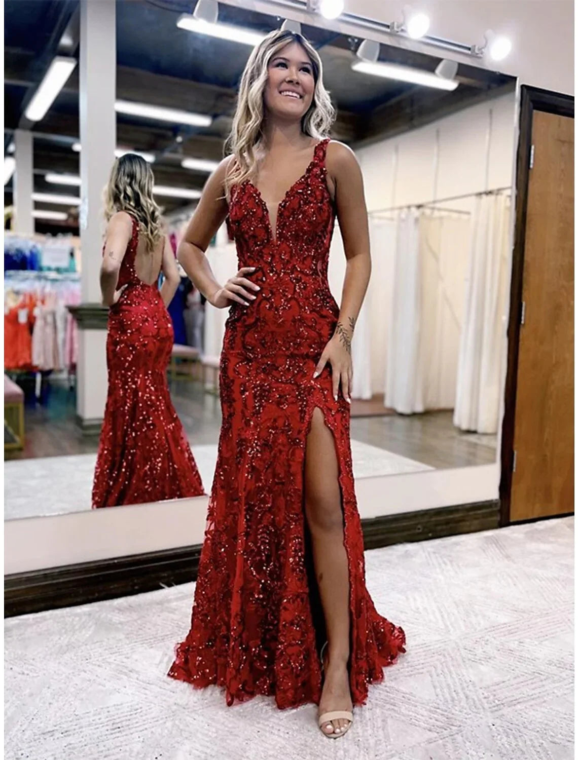 Red Sequin Mermaid Floor-Length Evening Gown with V-Neck & High Slit