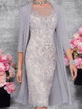 Abito da cerimonia per la madre della sposa in due pezzi, a tubino/colonna, elegante, con scollo a V, lunghezza al ginocchio, in pizzo, maniche a 3/4, con ricamo