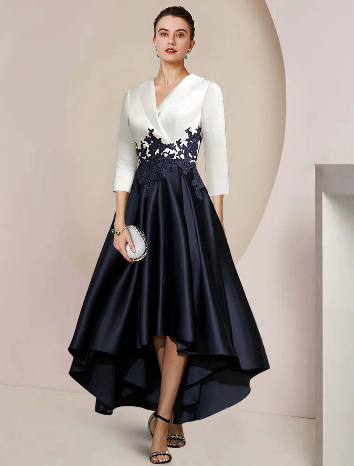 Dark Navy Satin A-Line Asymmetrical V-Neck Dress with Lace Appliqué