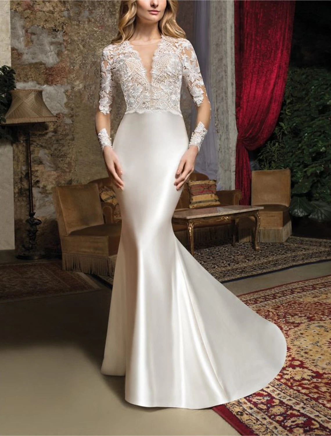 Vestidos de novia formales de dos piezas, escote en V, manga larga, largo hasta el suelo, con encaje y sobrefalda, vestidos de novia de color liso