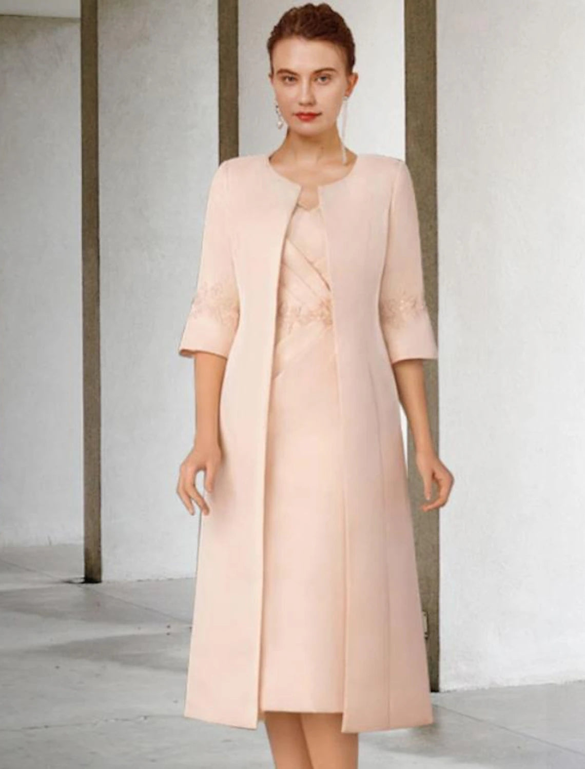 Vestido de Madre de la Novia de Dos Piezas con Corte en Columna/Iglesia Elegante de Invierno con Chaqueta Manga Corta Escote en V Largo hasta la Rodilla Encaje Gasa Apliques Lateral Drapeado