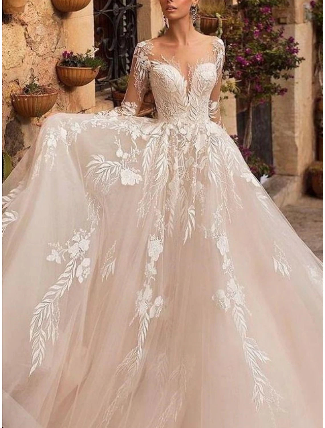 Vestidos de novia formales, corte A, escote en V, manga larga, cola de corte, tul, con pliegues y apliques