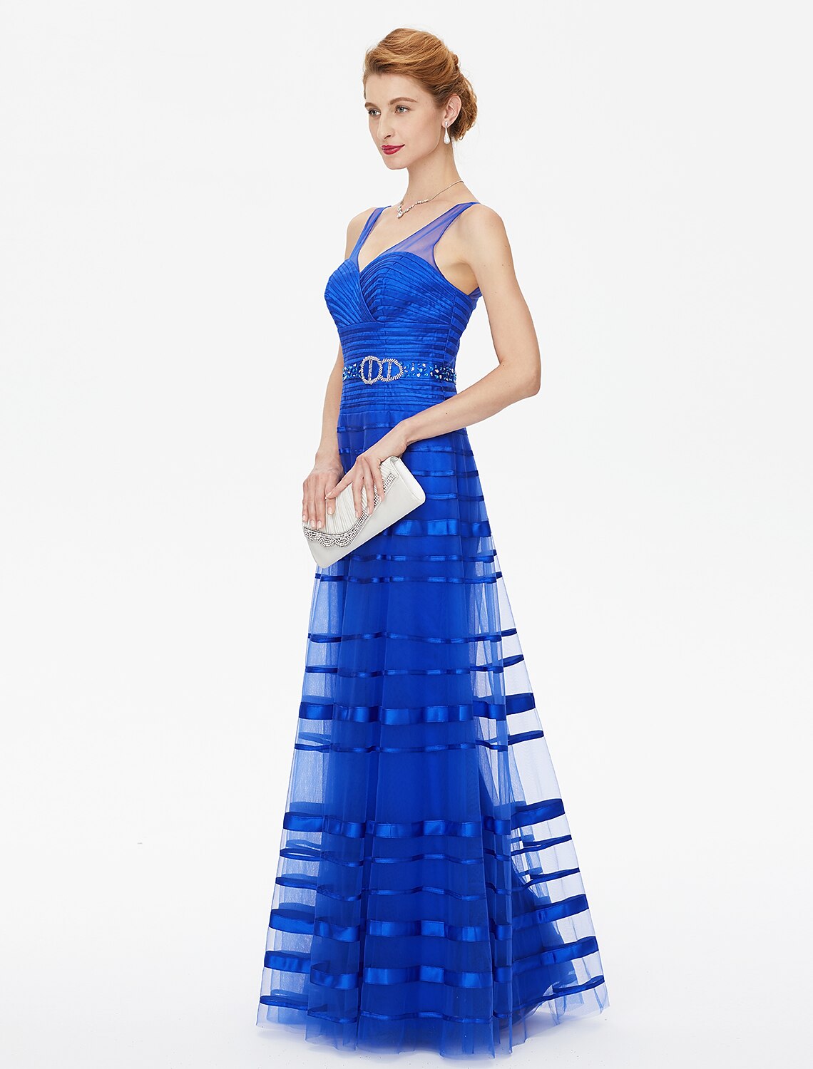 Abito da madre della sposa a trapezio, con spalline scoperte sulla schiena, lunghezza al pavimento, in tulle e raso, senza maniche, con perline