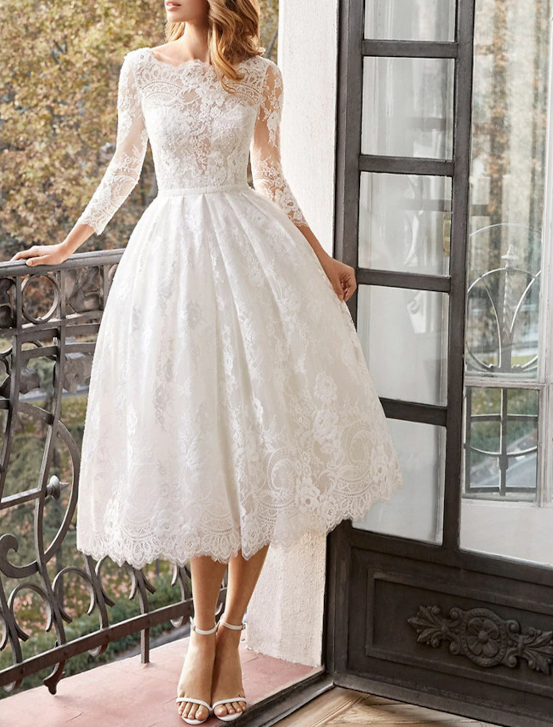 Abiti da festa a trapezio, abito floreale, abito da cerimonia, abito da ballo, lunghezza tè, maniche lunghe, scollo gioiello, poliestere, schiena scoperta con applicazioni