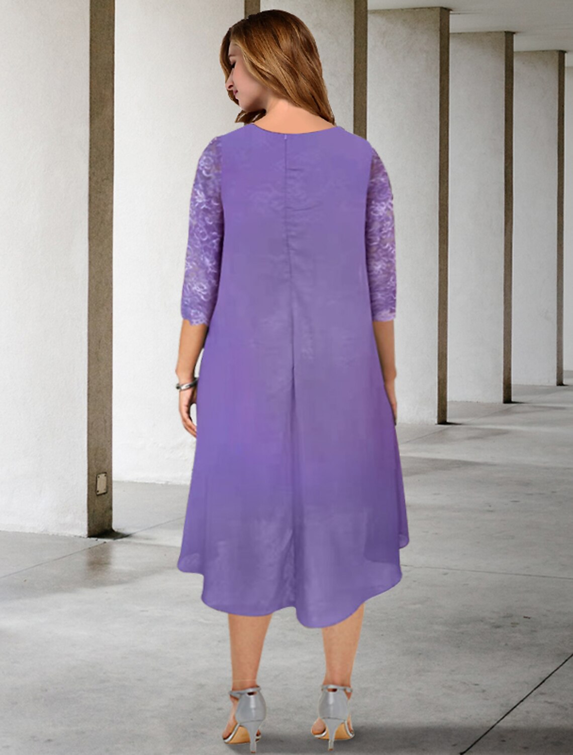 Abiti da sposa a trapezio per la madre della sposa, taglie forti, eleganti, con curve che nascondono la pancia, lunghezza al ginocchio, maniche corte, spalle scoperte, in chiffon con applicazioni