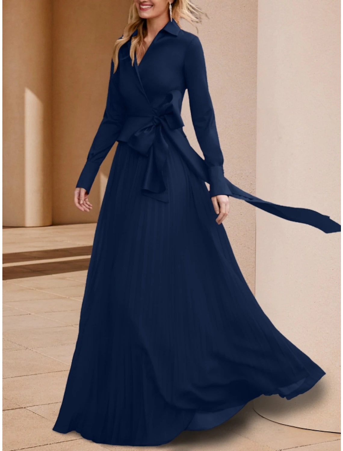 Dark Navy Chiffon A-Line V-Neck Floor-Length Dress with Wrap Bodice