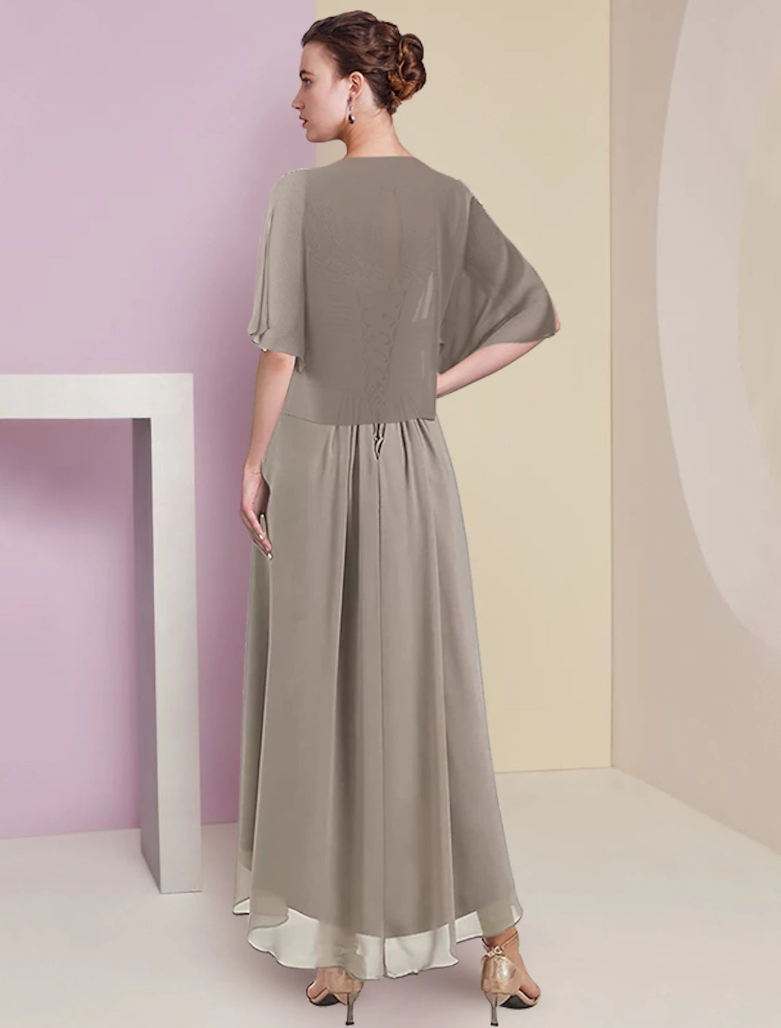 Grey Chiffon Asymmetrical A-Line Sweetheart Lace Bodice Dress