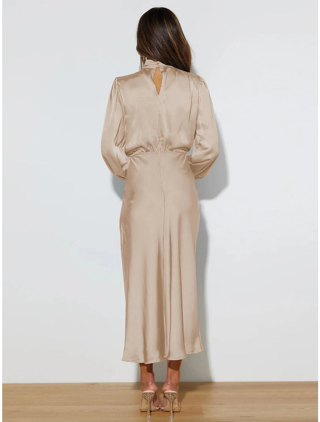 Champagne Satin High Neck A-Line Midi Bridesmaid Dress