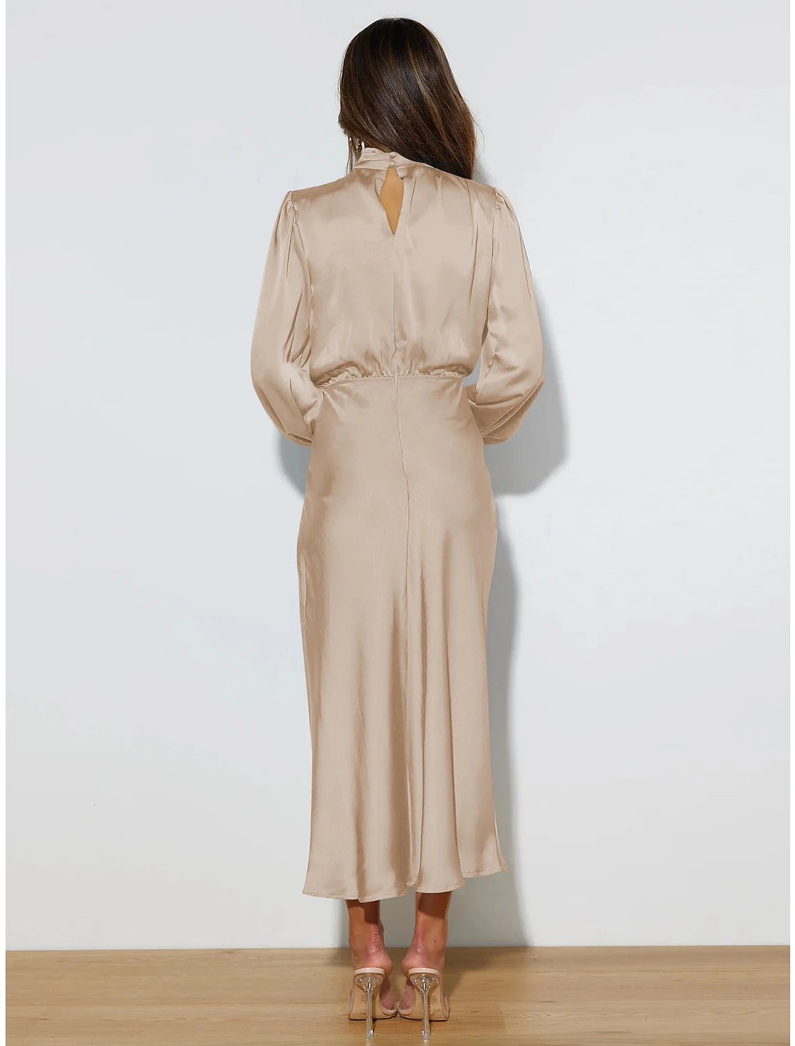Champagne Satin High Neck A-Line Midi Bridesmaid Dress