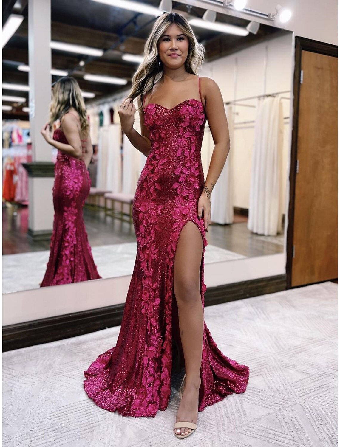 Pink Sequin Mermaid Sweetheart Backless Floor-Length Evening Dress with 3D Floral Appliques