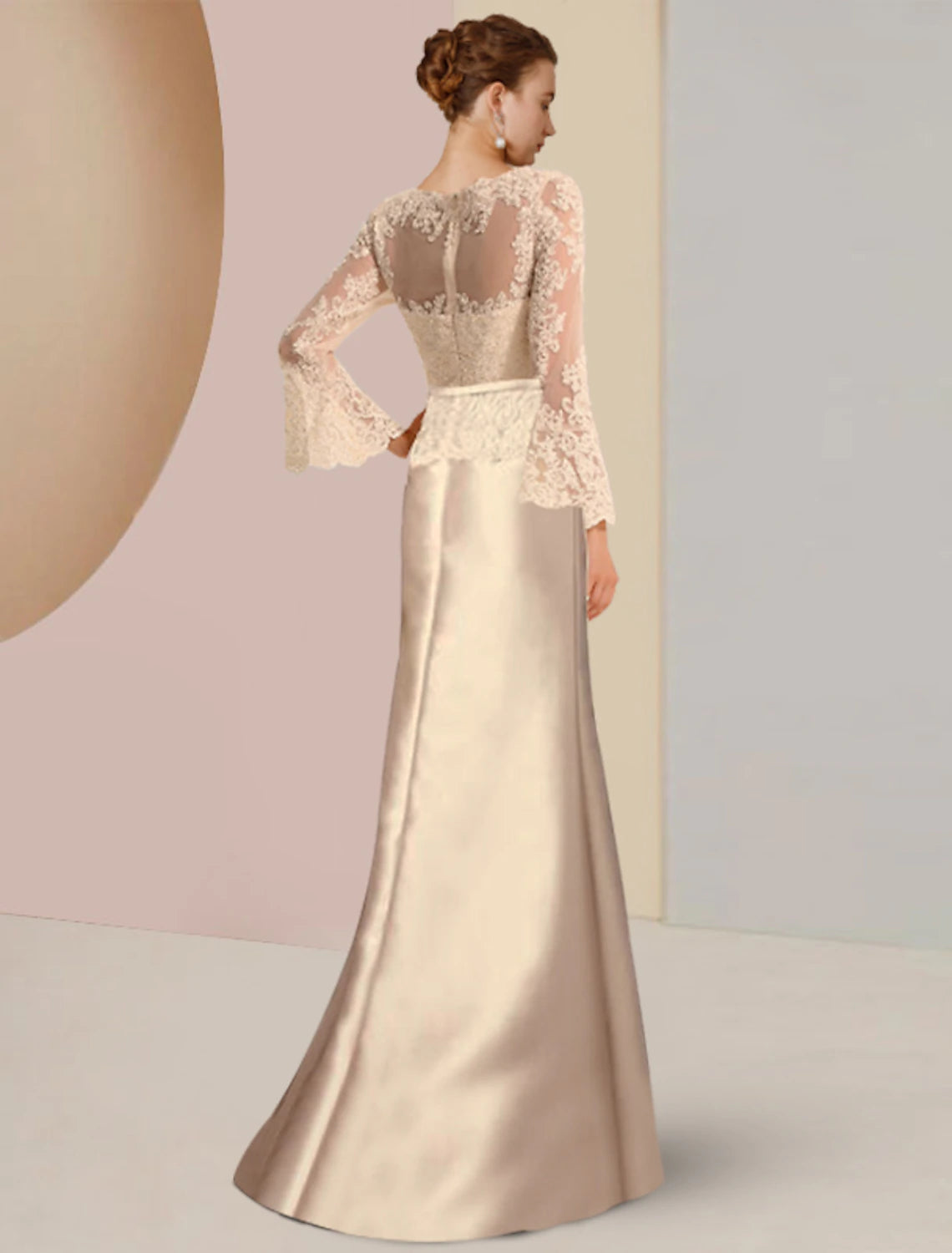 Champagne Lace & Satin Mermaid Floor-Length Mother of the Bride Dress with Lace Bodice & Bell Sleeves